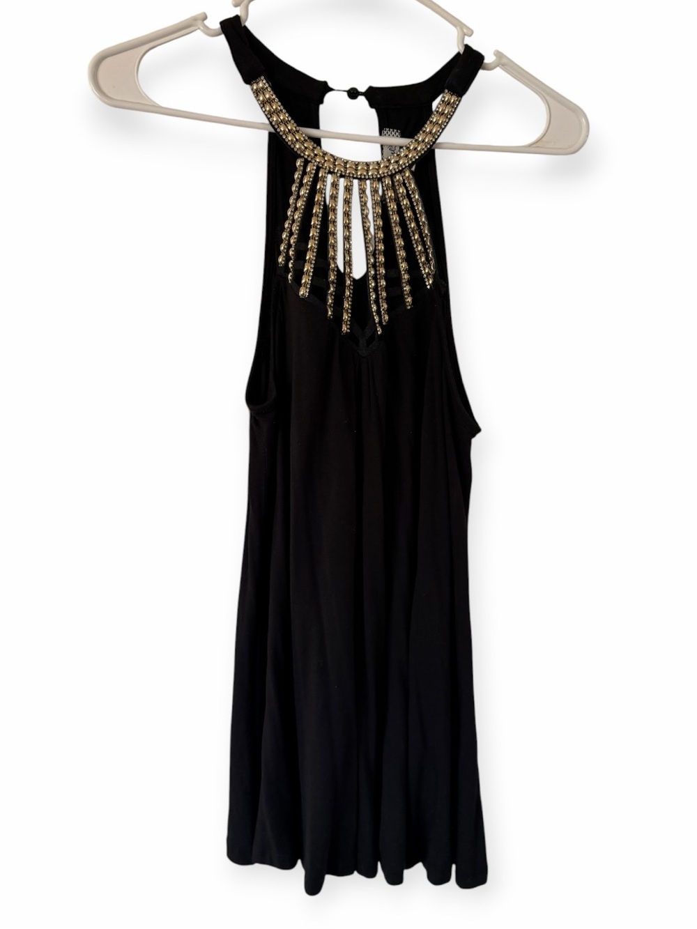 Crave Fame Black Tank with Gold Beaded Fringe
